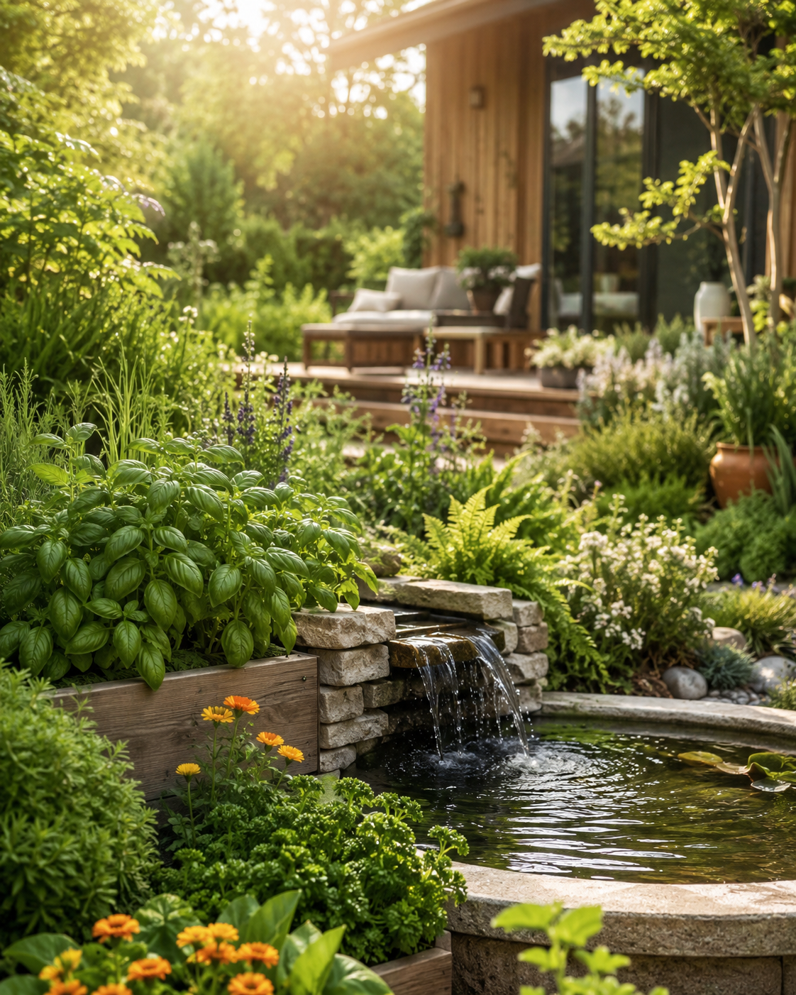 Grüner Garten mit Kräuterbeeten, Blumen und einem kleinen Teich vor einem Haus