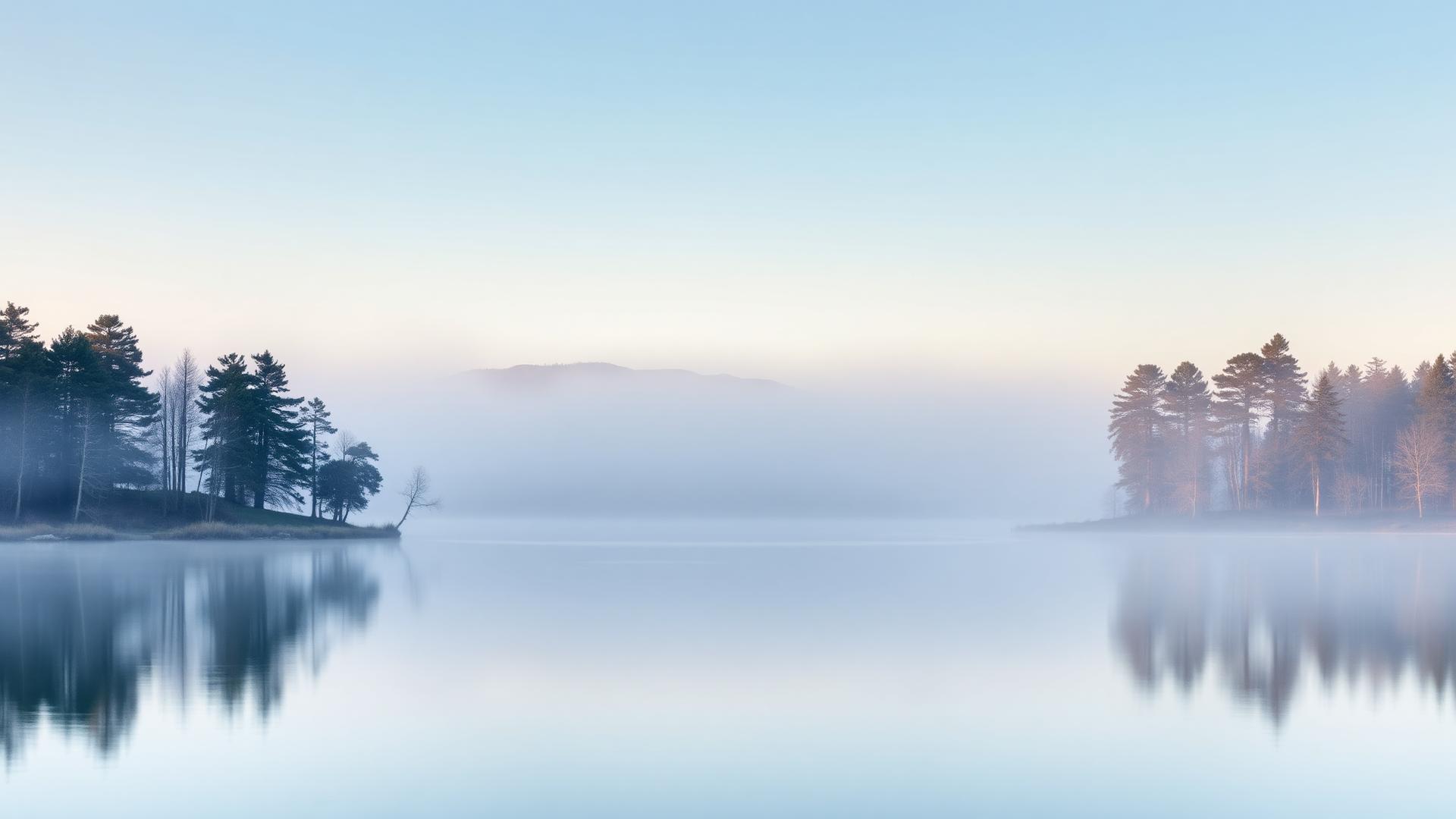Ruhiger See bei Morgennebel